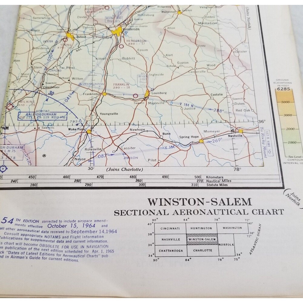 Winston Salem sectional aeronautical chart 1964 vintage
